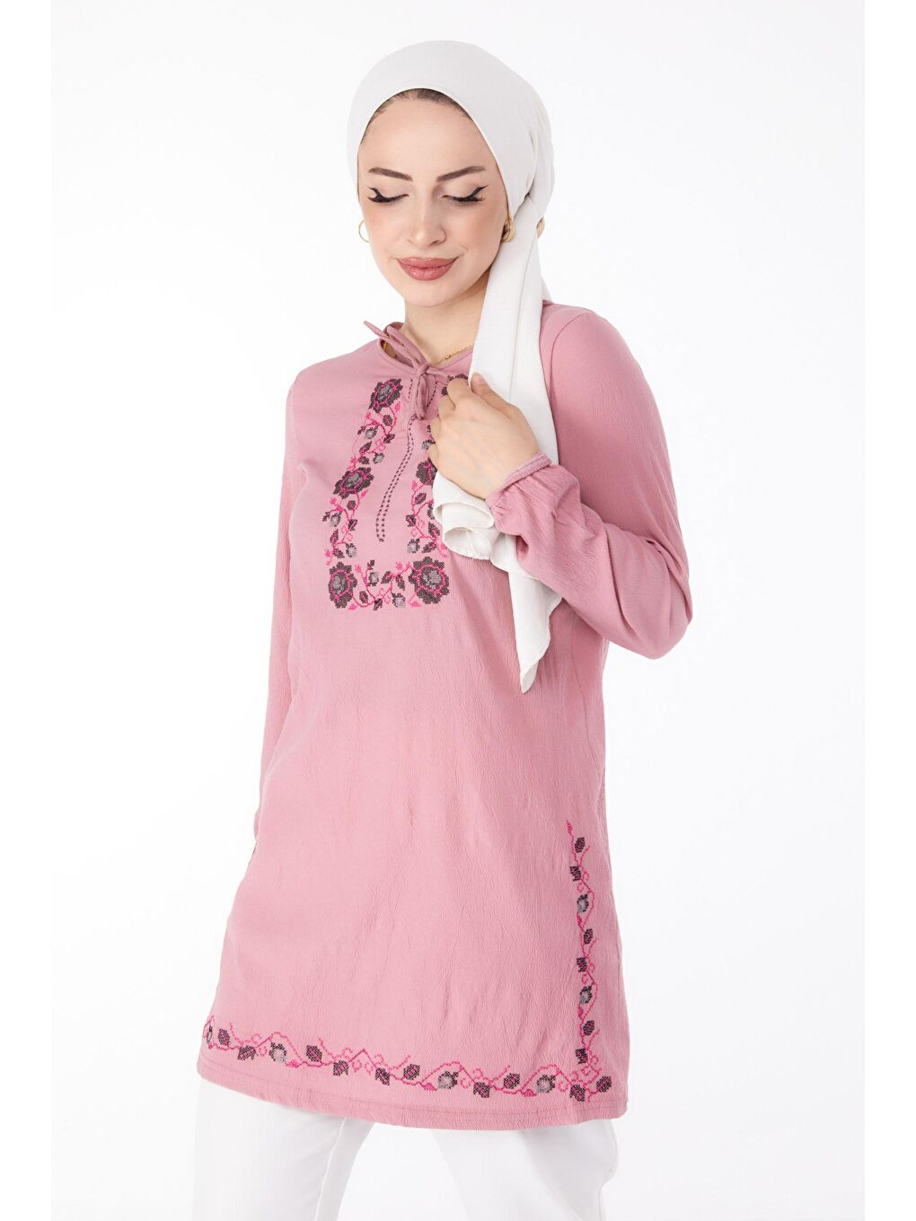 TOFİSA Pembe Düz Kravat Yaka Kadın Pembe Nakışlı Tunik - 13185 - 1