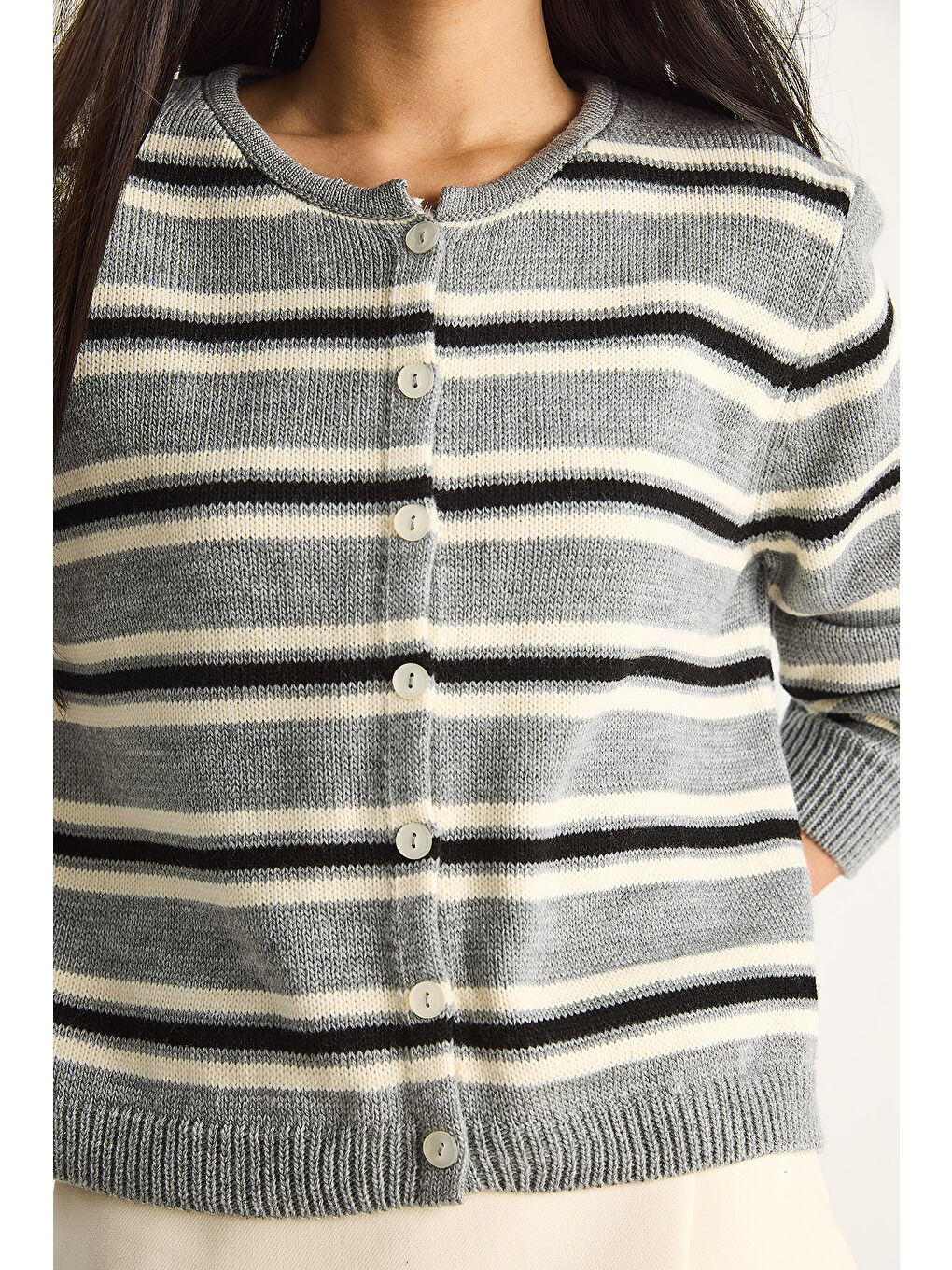 Gri Kadın Çizgili Bisiklet Yaka Triko Hırka-5