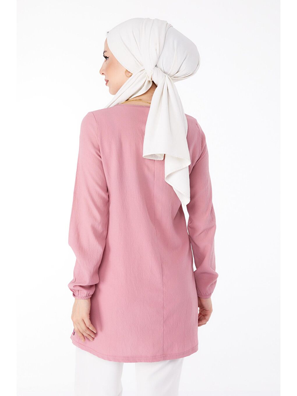 TOFİSA Pembe Düz Kravat Yaka Kadın Pembe Nakışlı Tunik - 13185 - 3