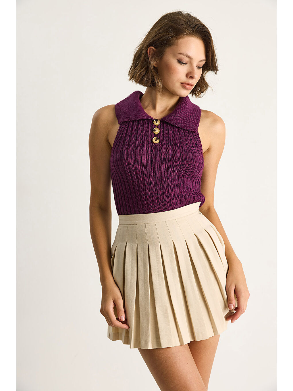 Mürdüm Kadın Yakalı Fitilli Yazlık Triko Bluz-1