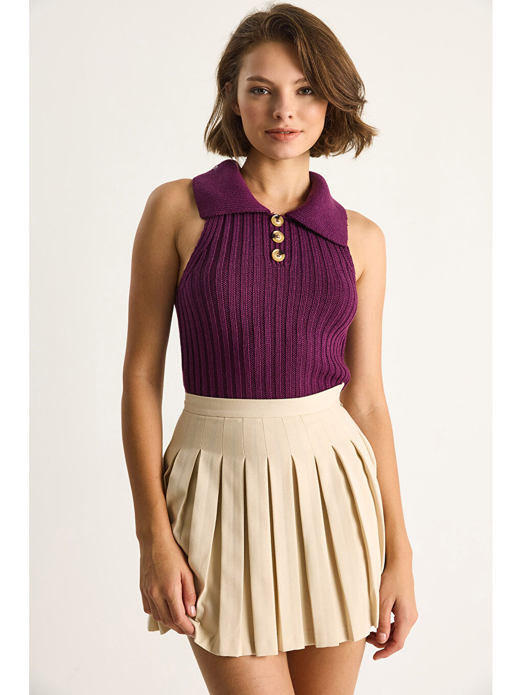 Mürdüm Kadın Yakalı Fitilli Yazlık Triko Bluz-2