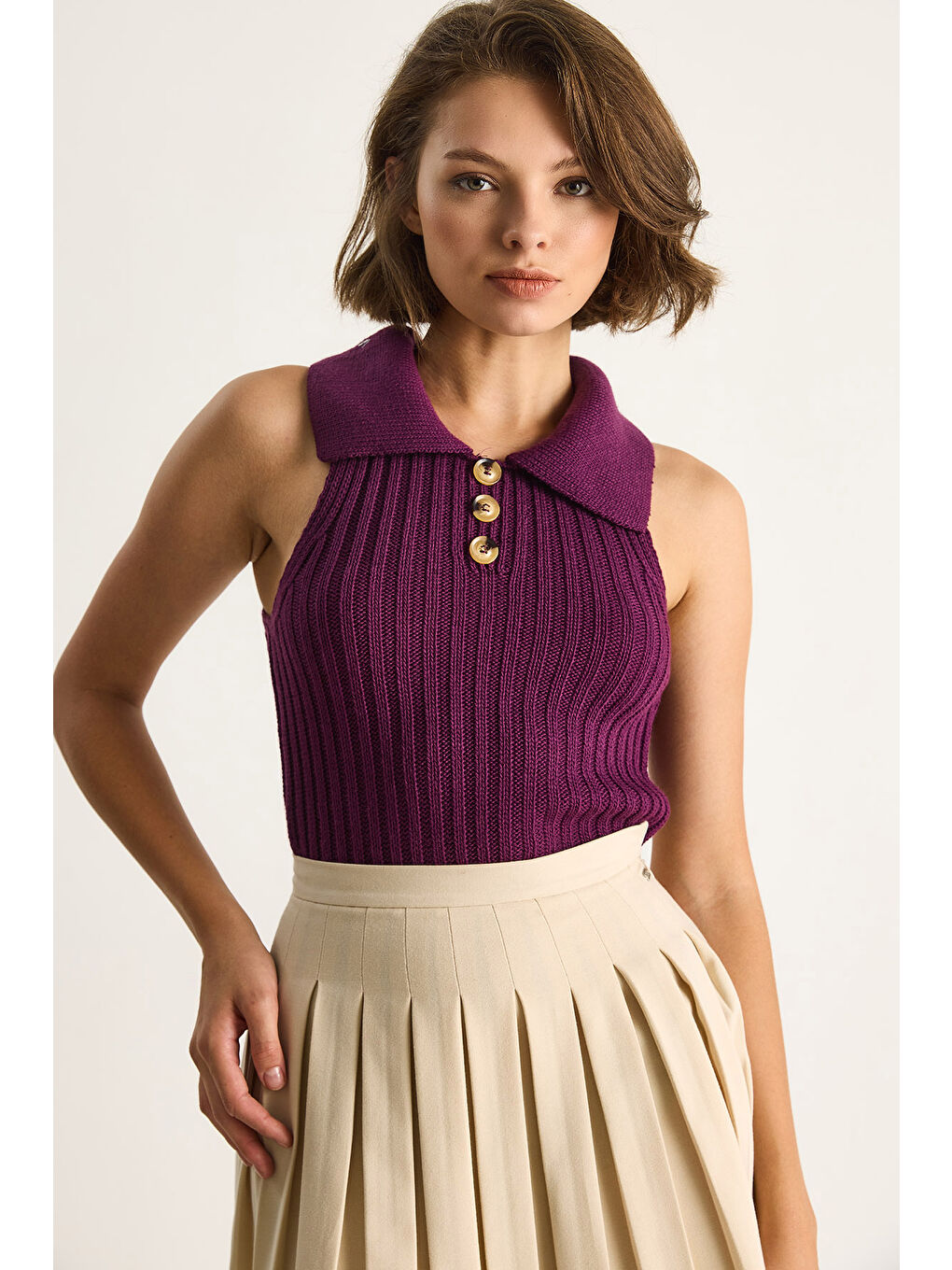 Mürdüm Kadın Yakalı Fitilli Yazlık Triko Bluz-3