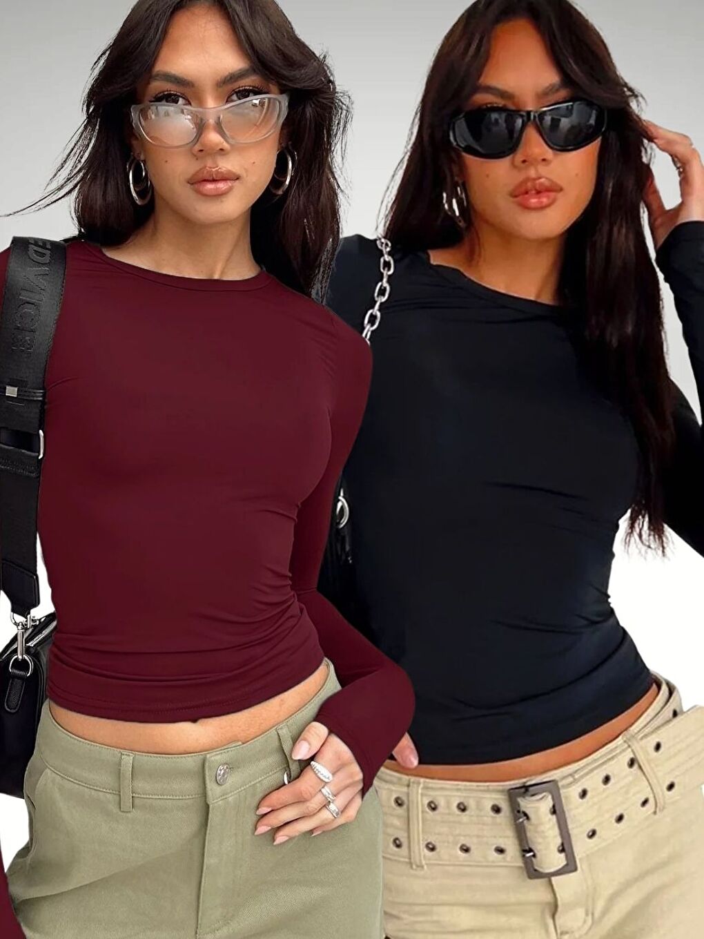 Bordo Siyah Bisiklet Yaka Basic Uzun Kollu Body 2li  Set