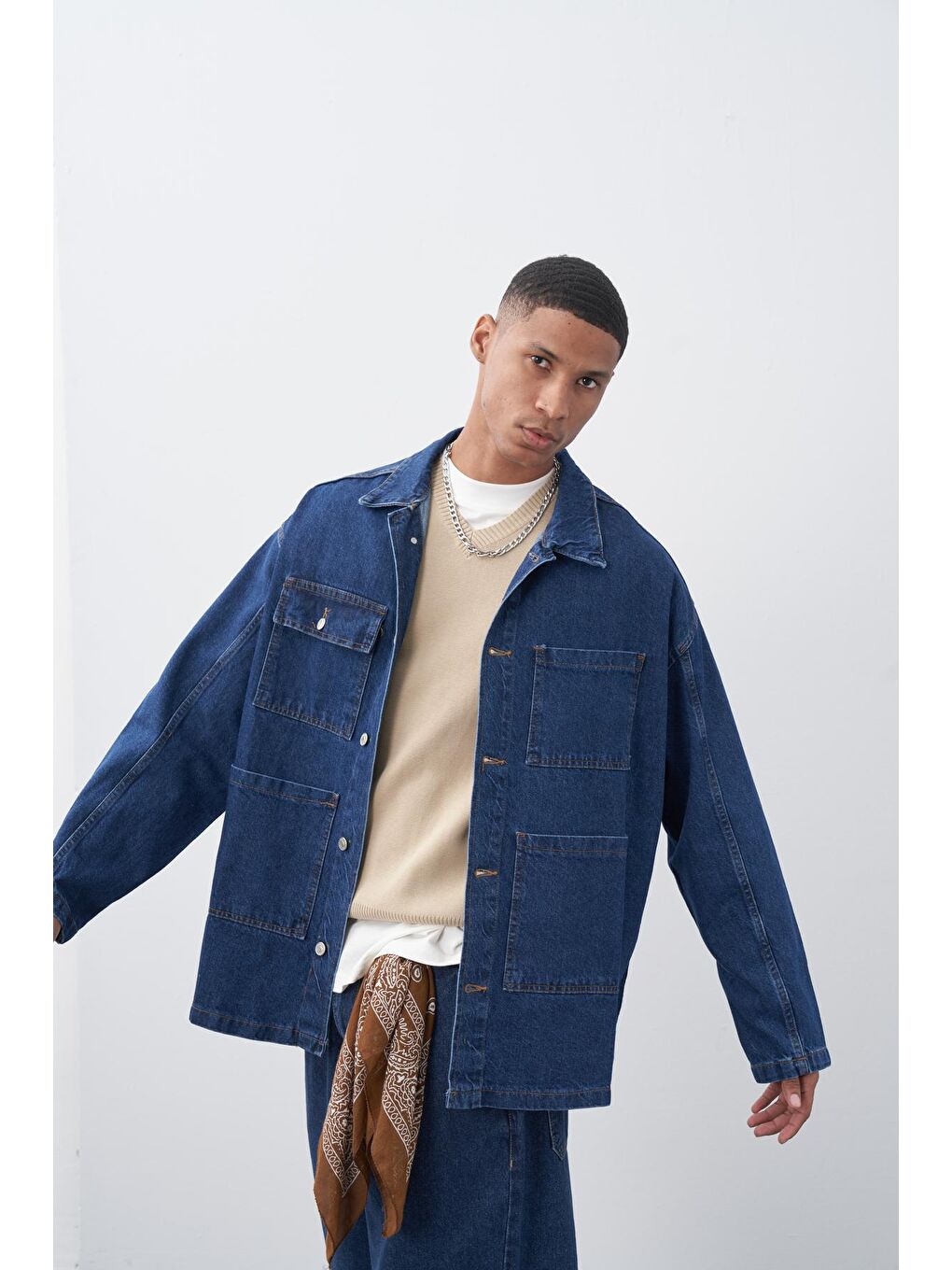 VAMOSCLO Koyu Mavi Oversize Denim Ceket - 4