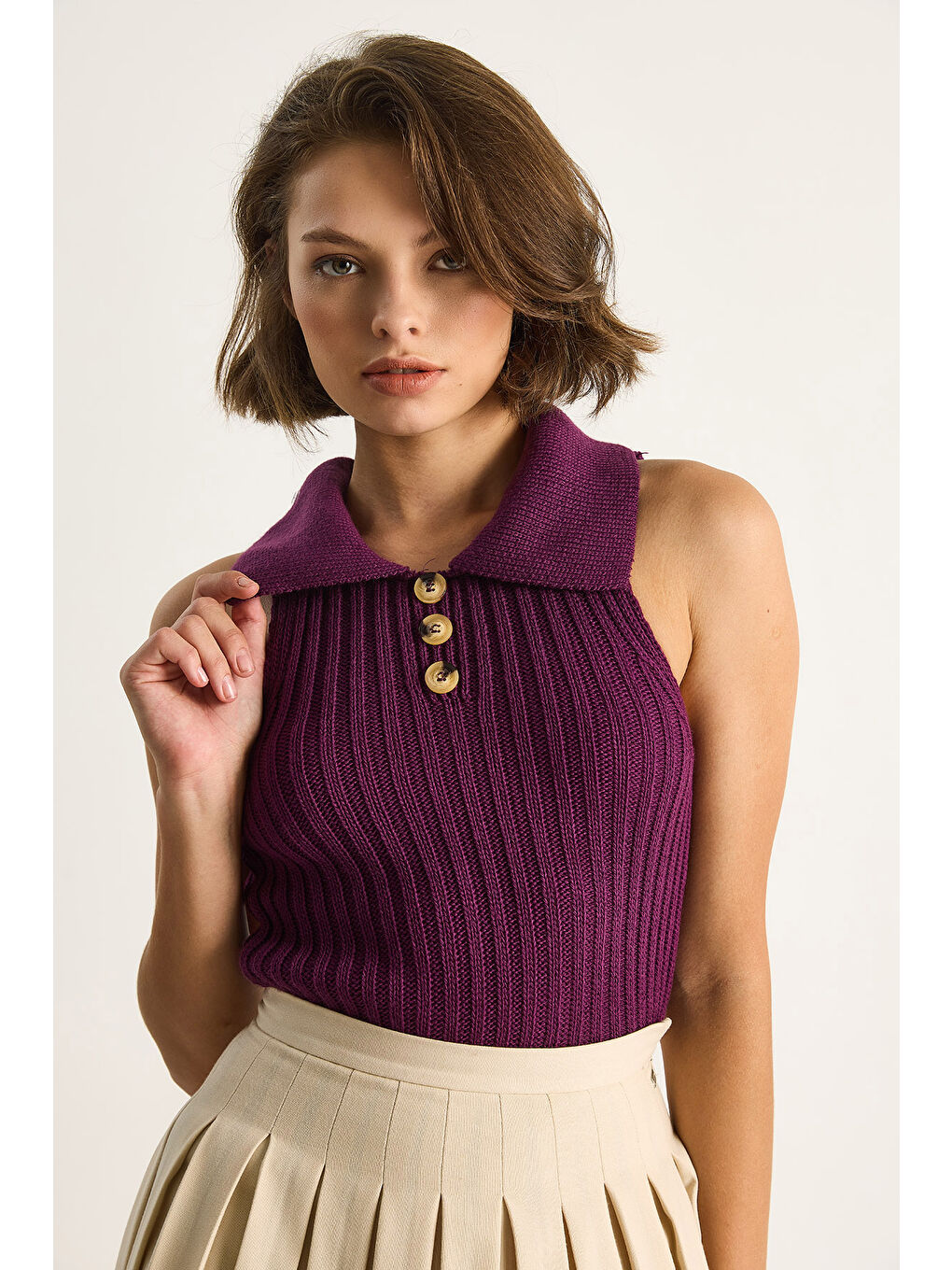 Mürdüm Kadın Yakalı Fitilli Yazlık Triko Bluz-4