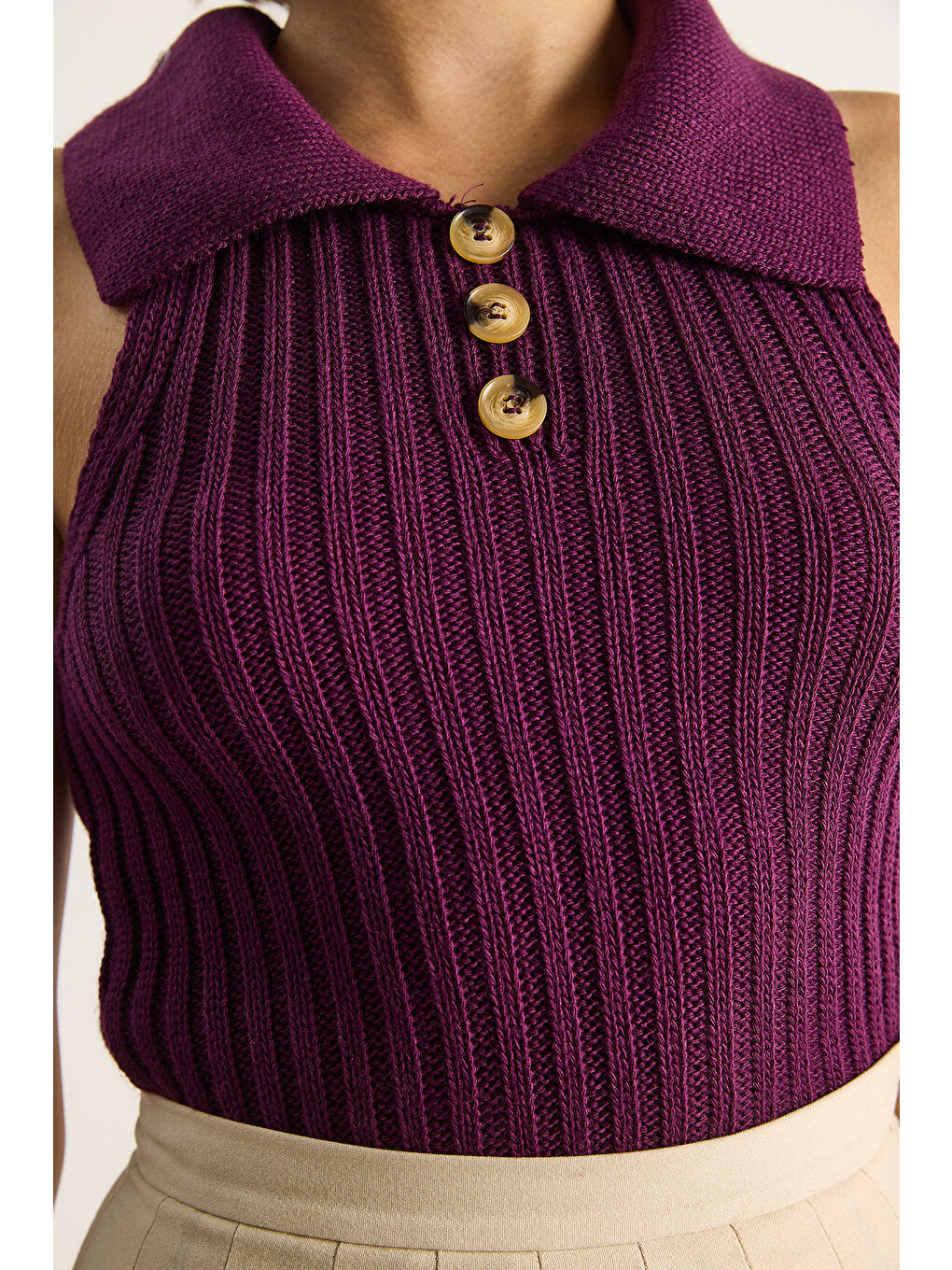 Mürdüm Kadın Yakalı Fitilli Yazlık Triko Bluz-5