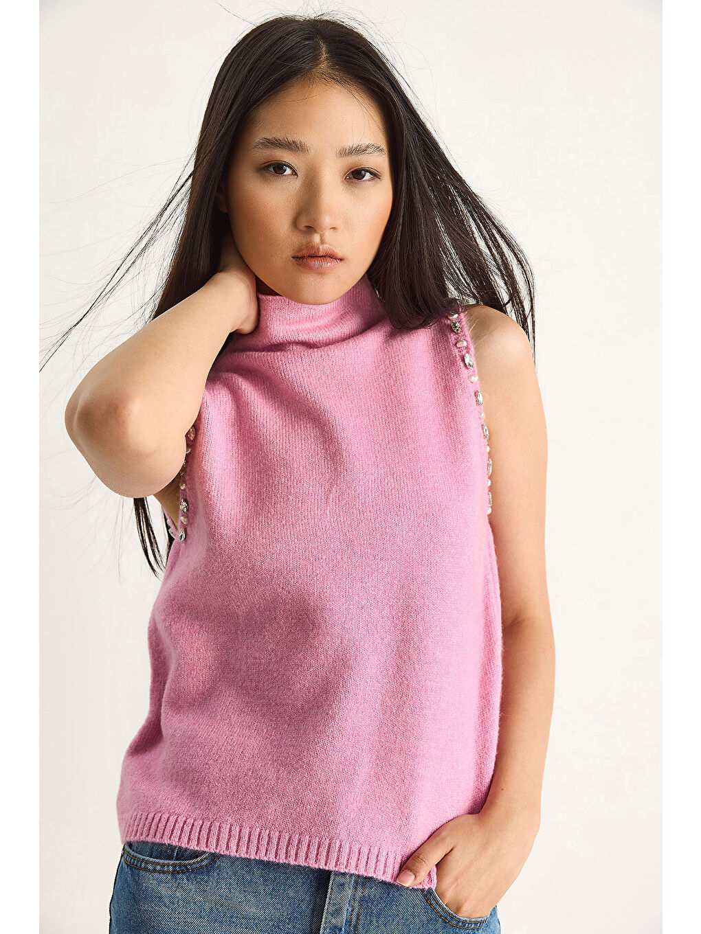 Pembe Kadın Taş Detaylı Yarım Balıkçı Yaka Triko Bluz-1