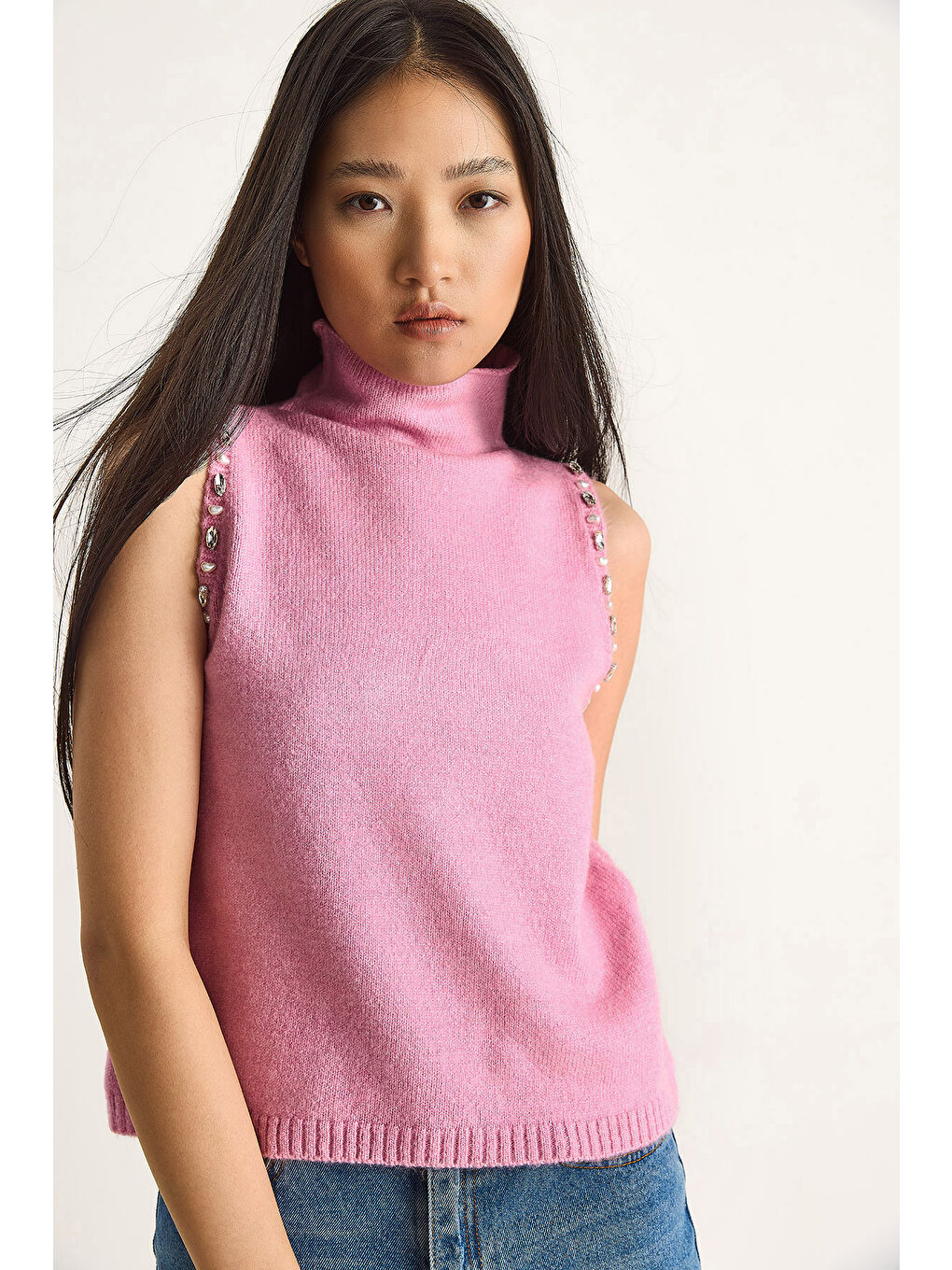 Pembe Kadın Taş Detaylı Yarım Balıkçı Yaka Triko Bluz-2