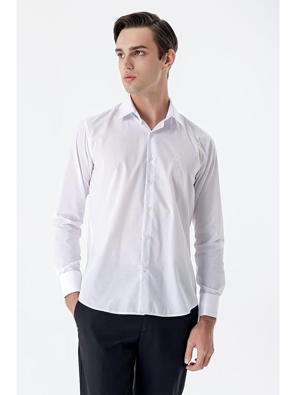 Beyaz Uzun Kol Düz Bez Ayağı Sert Yaka Cepsiz Pamuklu Basic Slim Fit Gömlek 1004245059-2