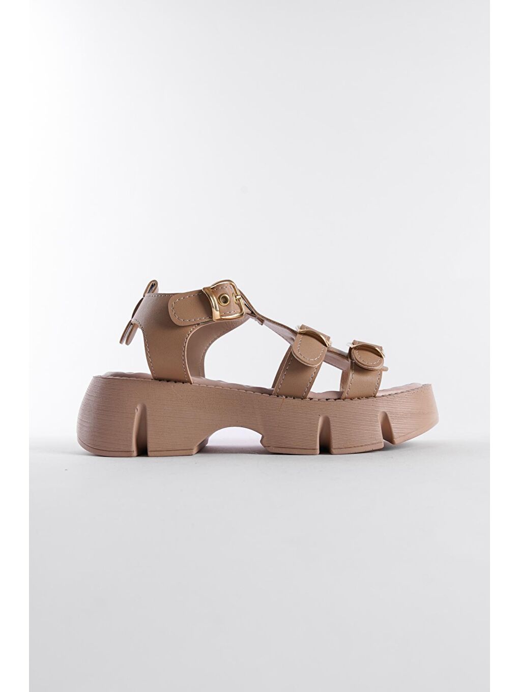 Bej Kalın Tabanlı Bilekten Bantlı Konfor Tabanlı Kadın Sandalet-1