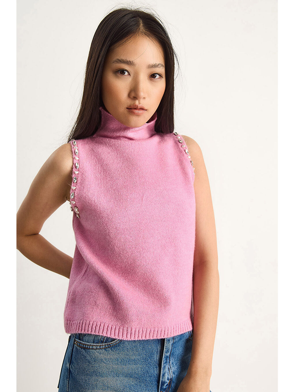 Pembe Kadın Taş Detaylı Yarım Balıkçı Yaka Triko Bluz-3