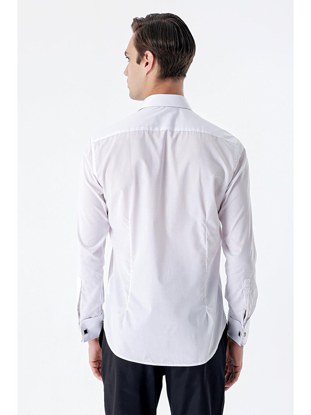 Beyaz Uzun Kol Düz Bez Ayağı Sert Yaka Cepsiz Pamuklu Basic Slim Fit Gömlek 1004245059-5