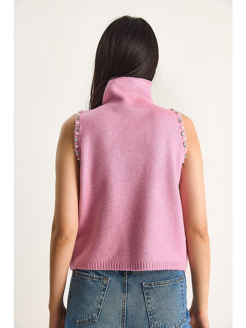 Pembe Kadın Taş Detaylı Yarım Balıkçı Yaka Triko Bluz-6