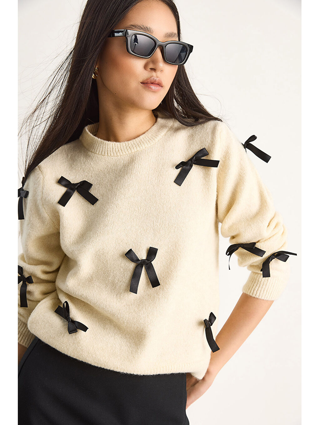 Ekru Kadın Fiyonklu Regular Triko Kazak-1