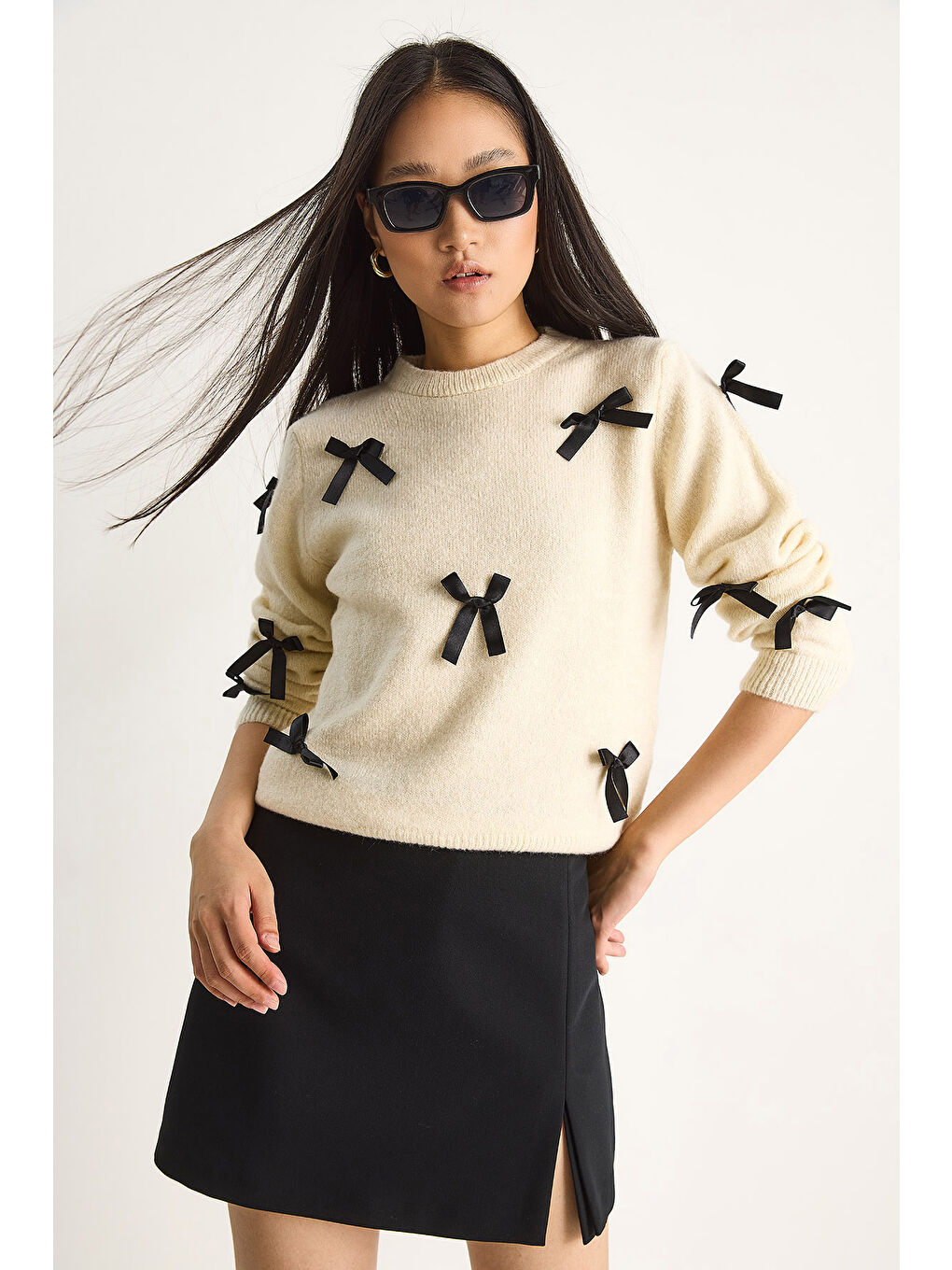 Ekru Kadın Fiyonklu Regular Triko Kazak-2