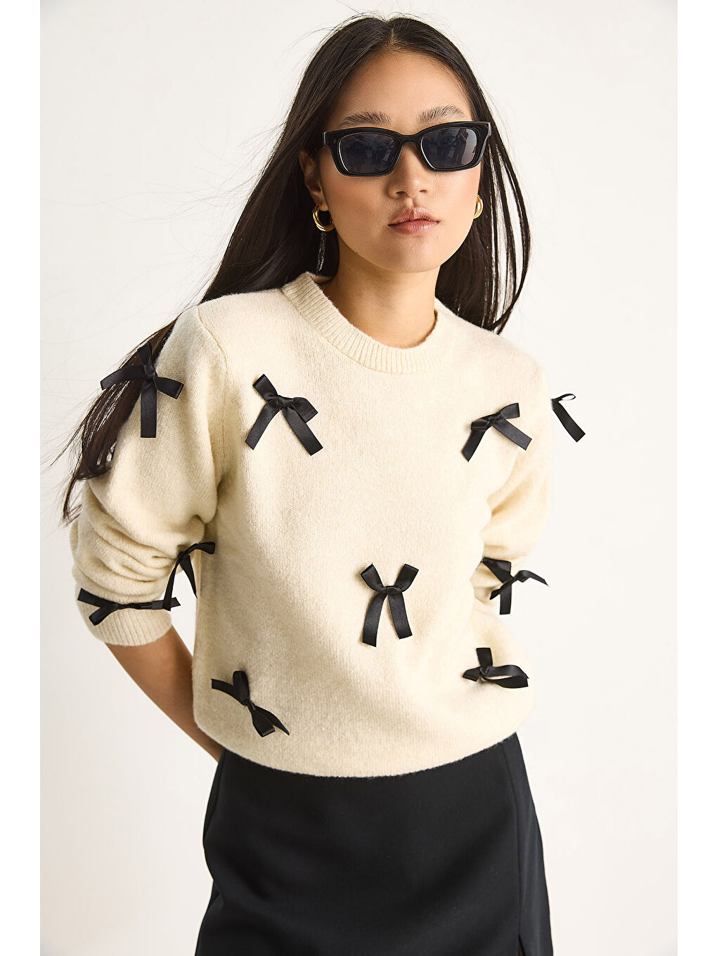 Ekru Kadın Fiyonklu Regular Triko Kazak-3