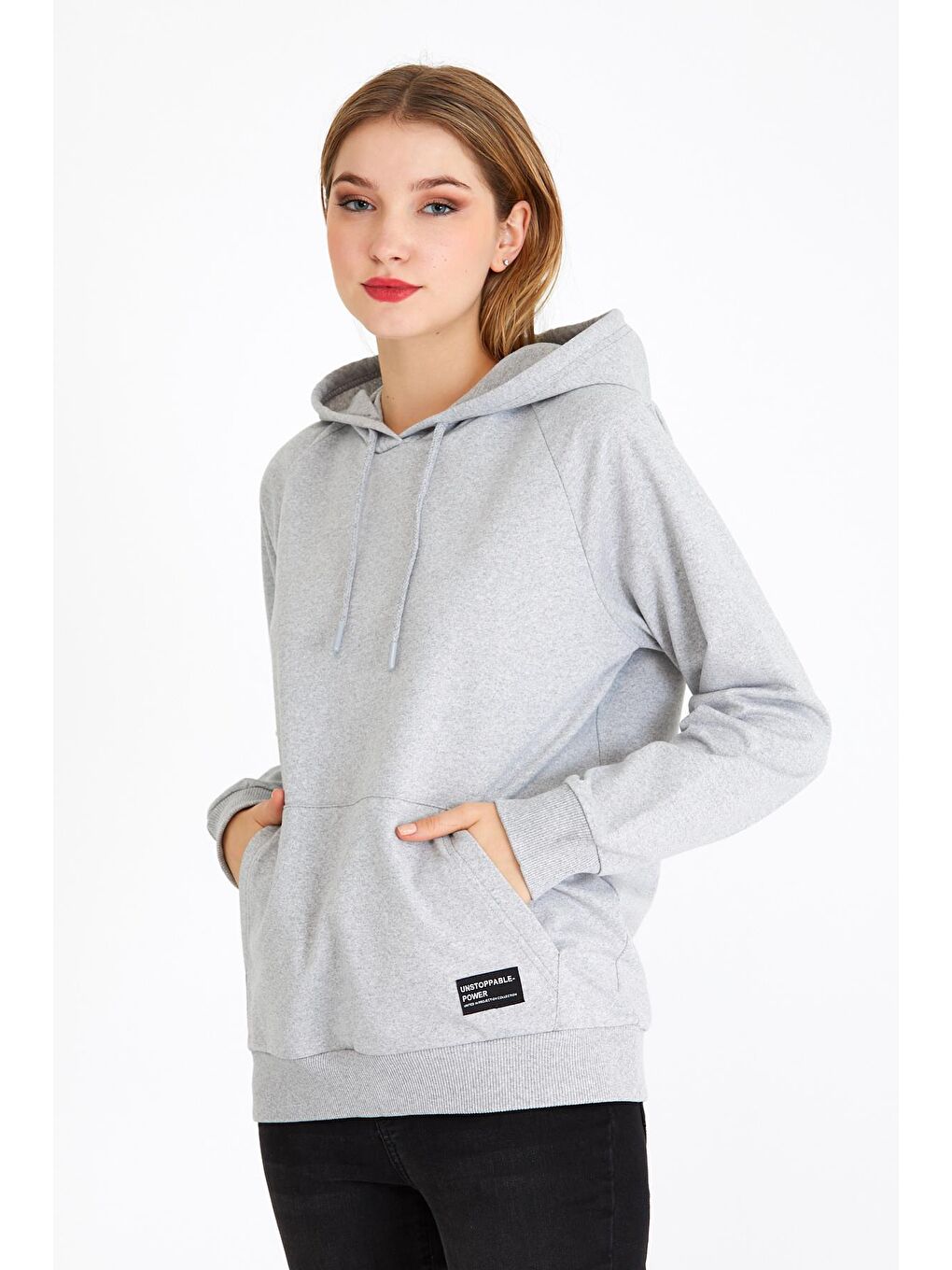 Kadın Gri Renk Kapüşonlu Basic Örme Hoodie-1