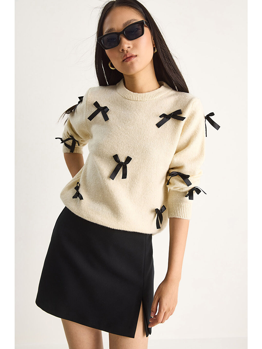 Ekru Kadın Fiyonklu Regular Triko Kazak-4