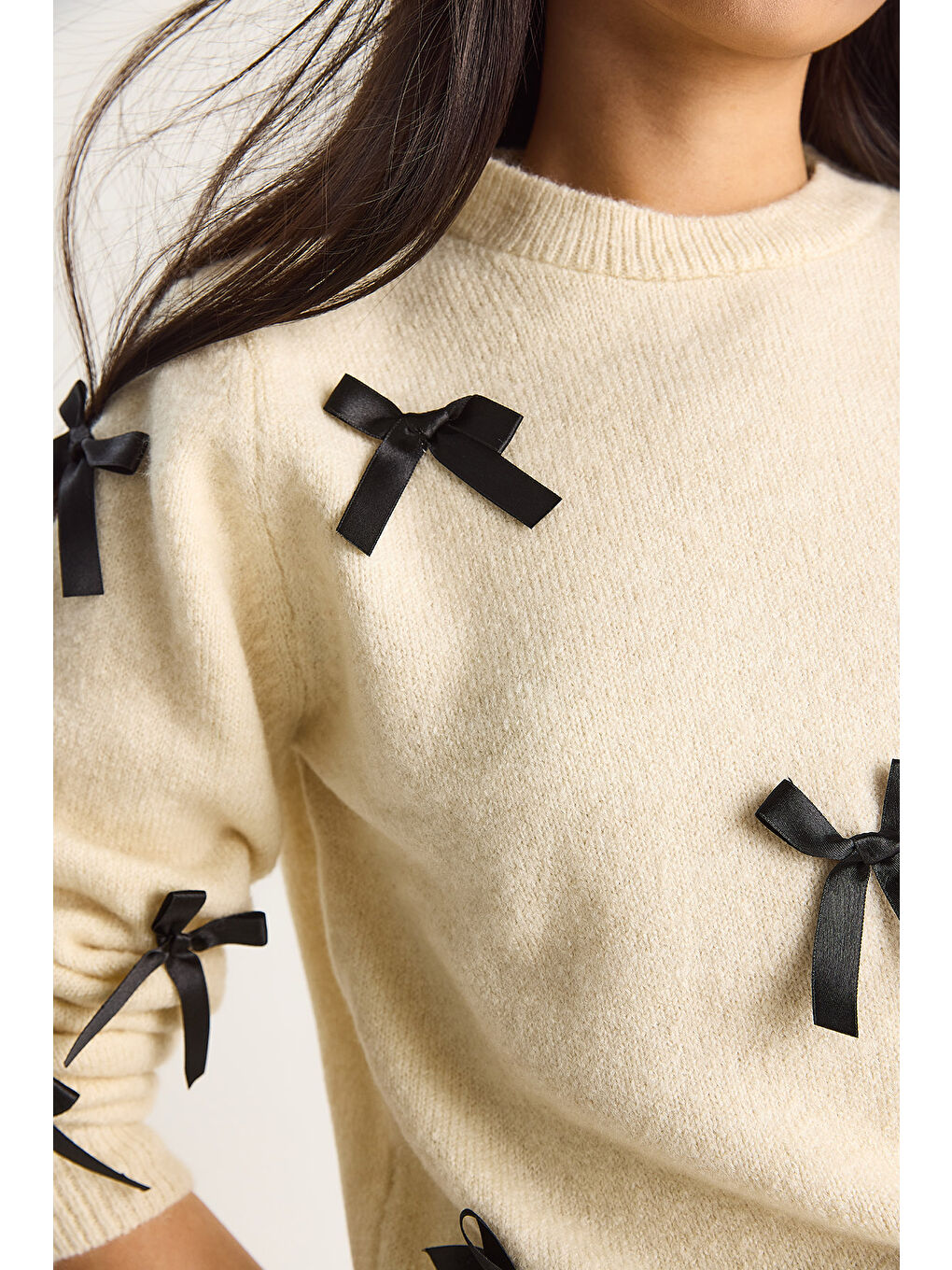 Ekru Kadın Fiyonklu Regular Triko Kazak-5