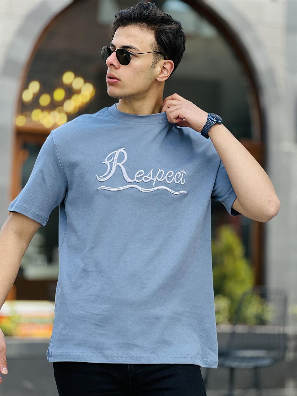 Gri Respect Nakışlı Kısa Kollu Tişört Regular Fit- Füme-1