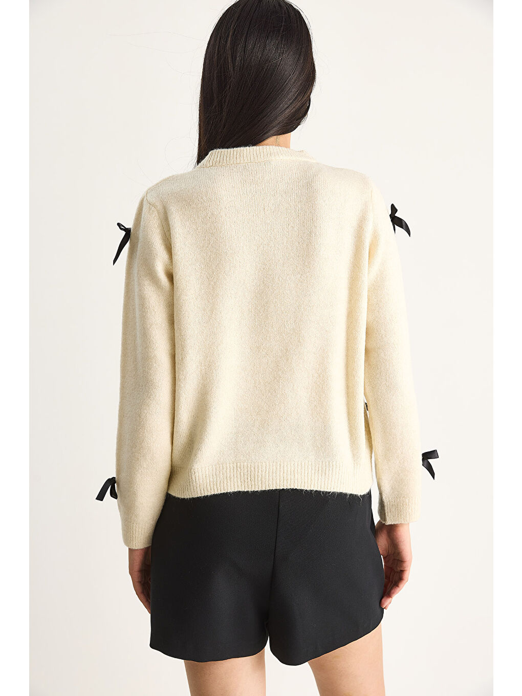 Ekru Kadın Fiyonklu Regular Triko Kazak-6