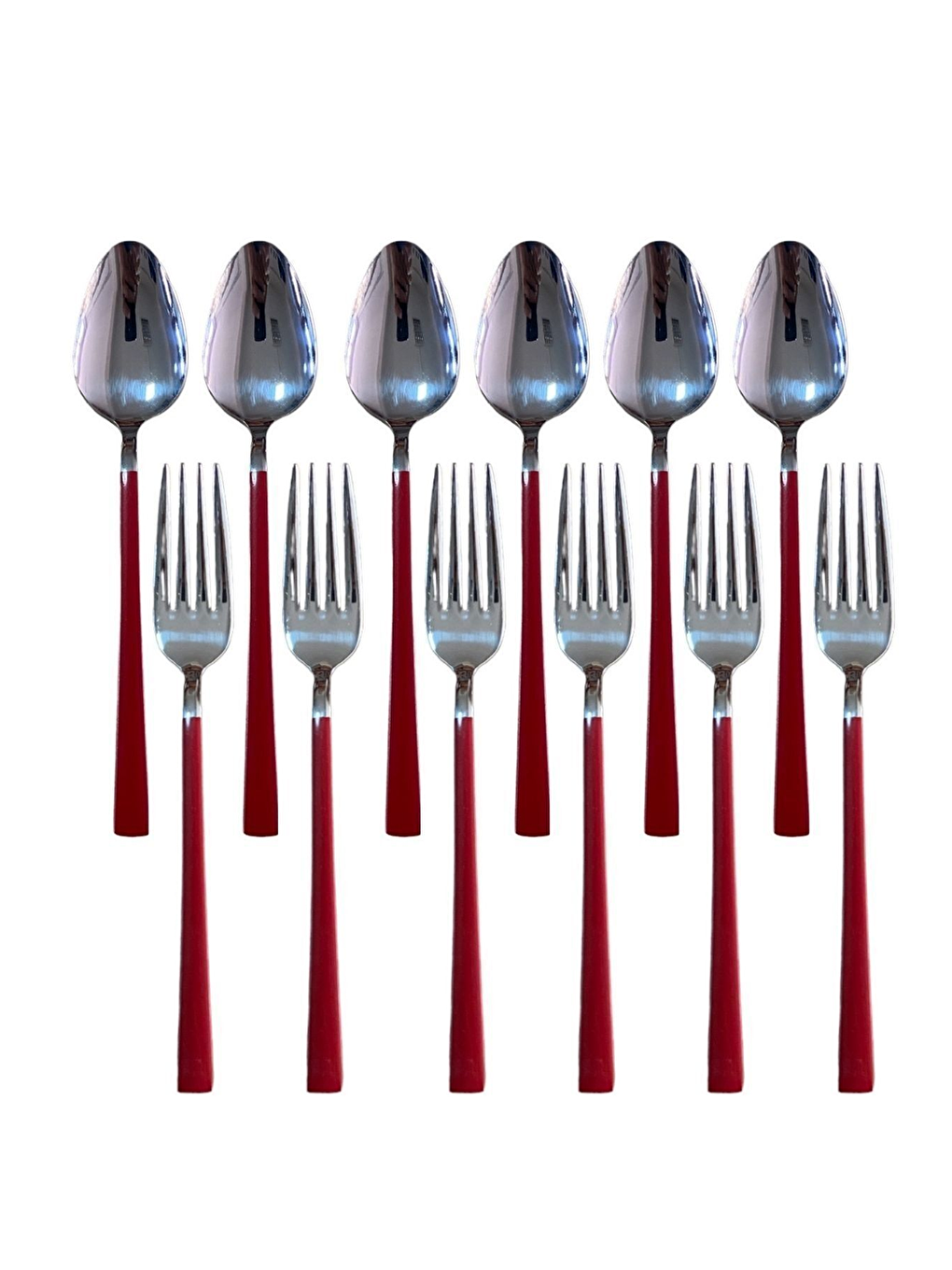 Beyaz Parlak Gümüş Kırmızı Tatlı Çatal ve Kaşık Seti - 12 Adet Kahvaltı Pasta Tatlı Çatal Kaşık Seti
