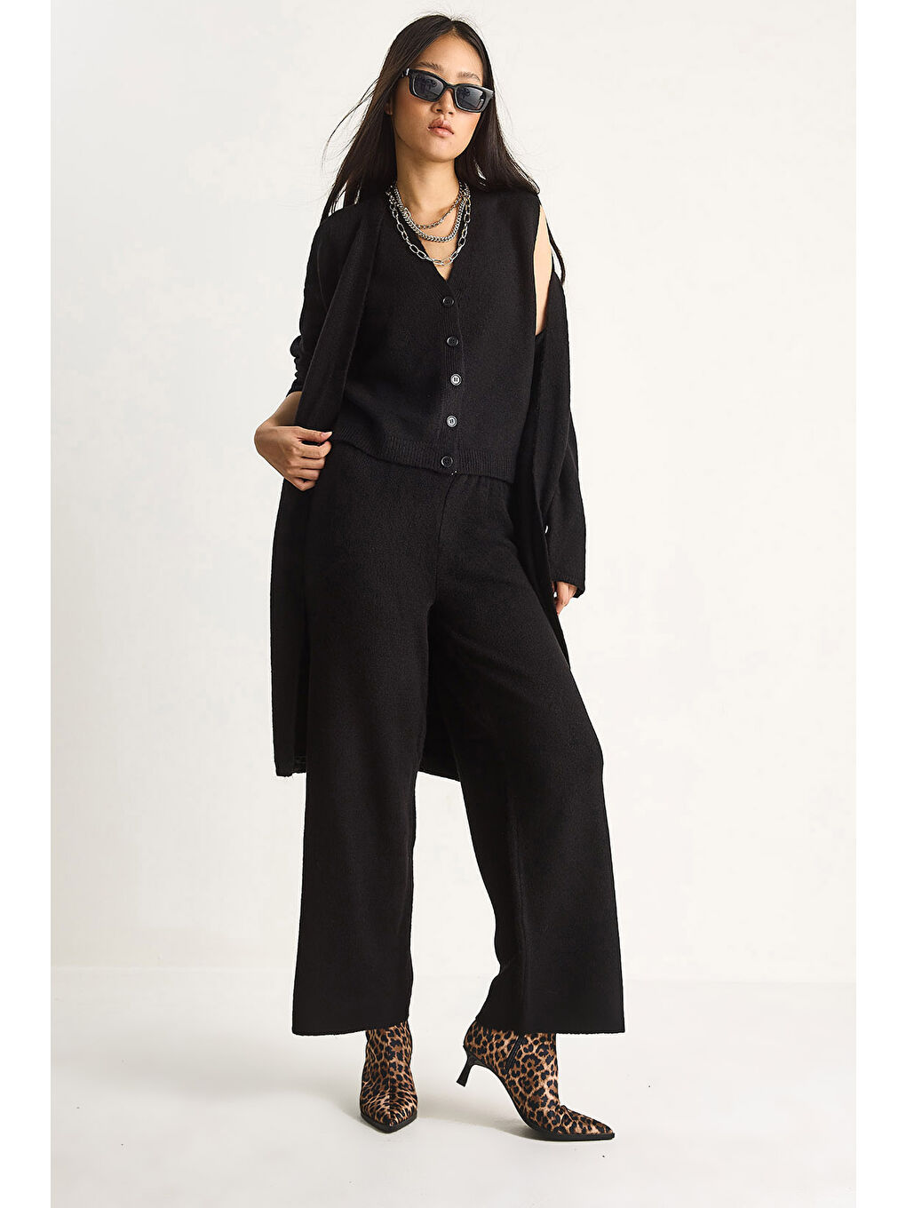 Siyah Kadın Yüksek Bel Pantolon Yelek Hırka Üçlü Triko Takım