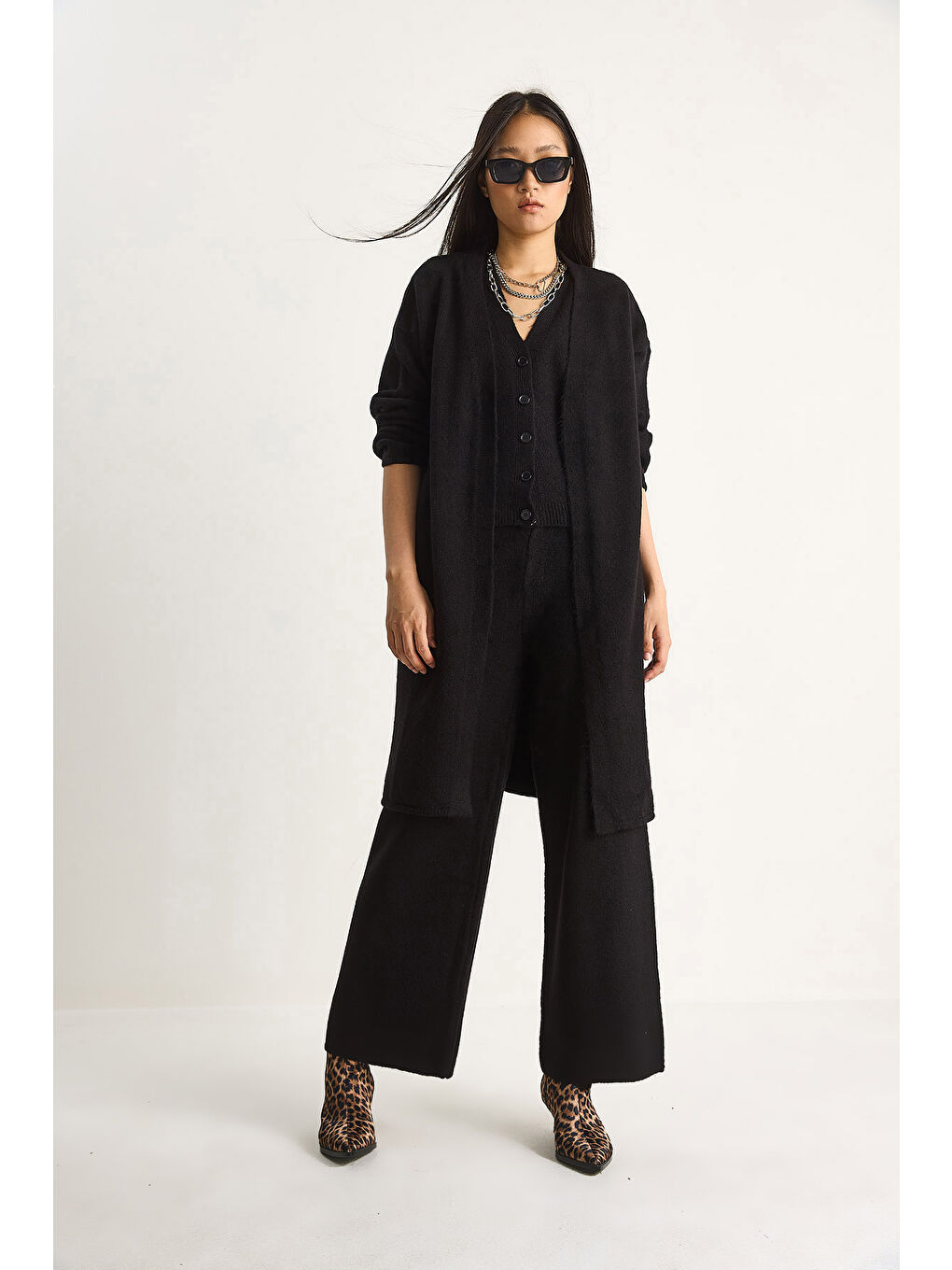 Siyah Kadın Yüksek Bel Pantolon Yelek Hırka Üçlü Triko Takım-1