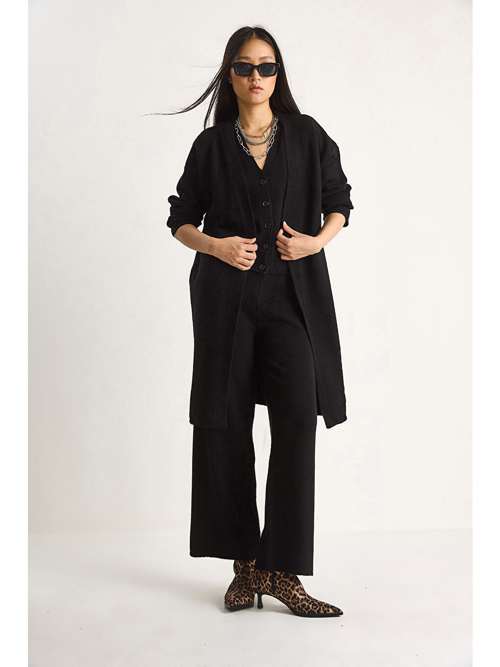 Siyah Kadın Yüksek Bel Pantolon Yelek Hırka Üçlü Triko Takım-2