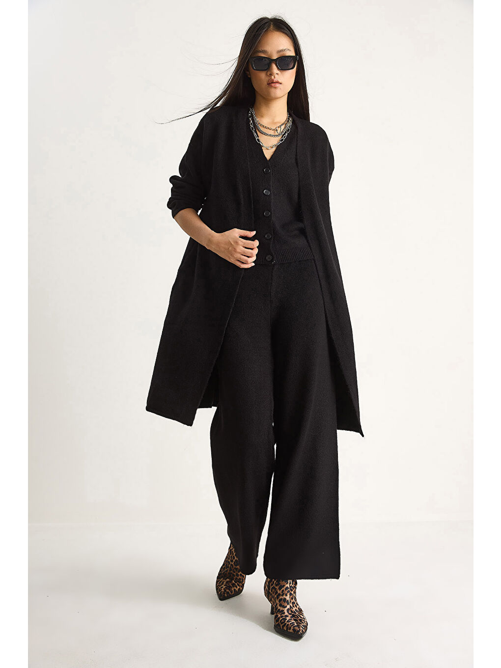 Siyah Kadın Yüksek Bel Pantolon Yelek Hırka Üçlü Triko Takım-3