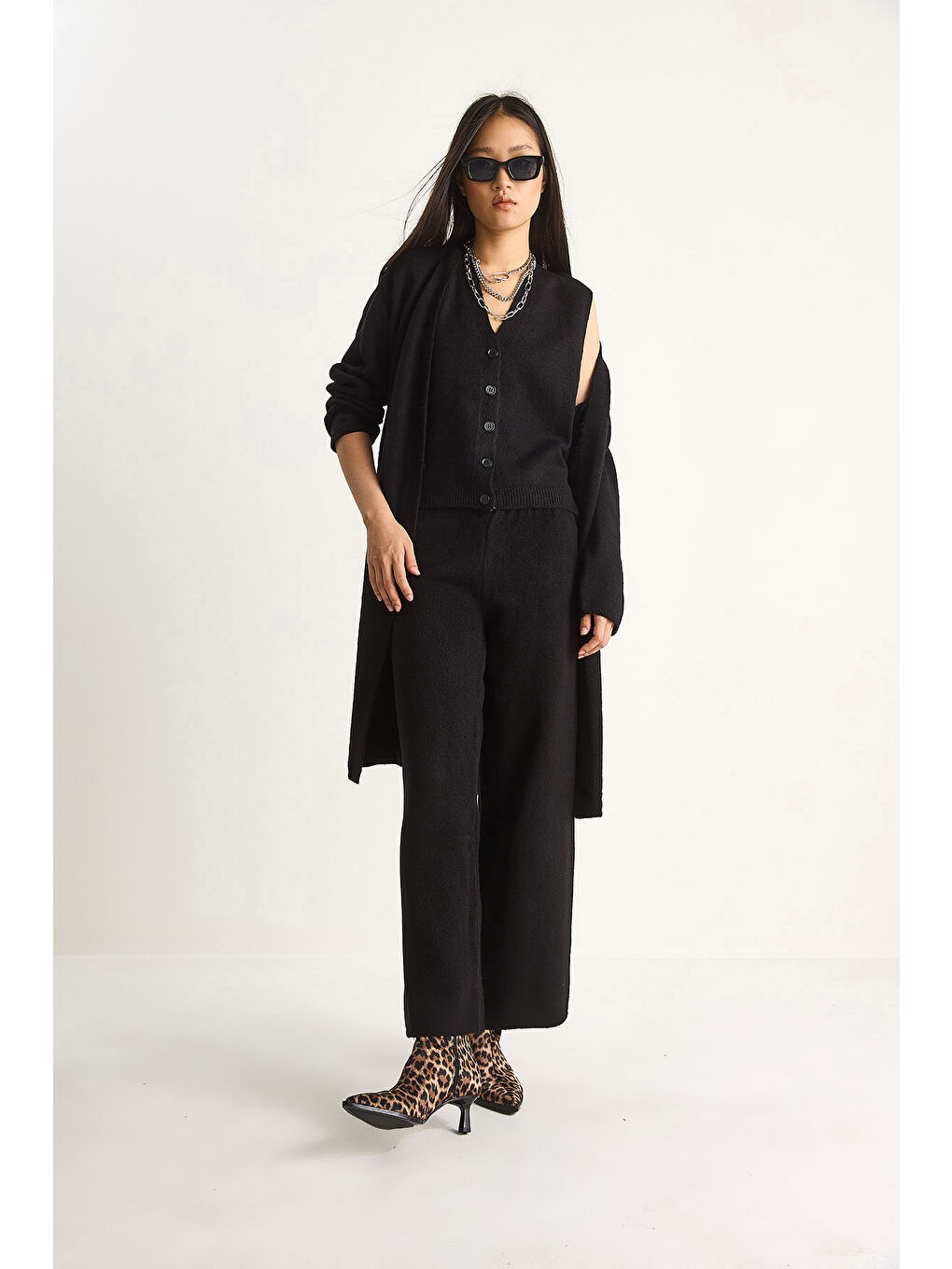 Siyah Kadın Yüksek Bel Pantolon Yelek Hırka Üçlü Triko Takım-4