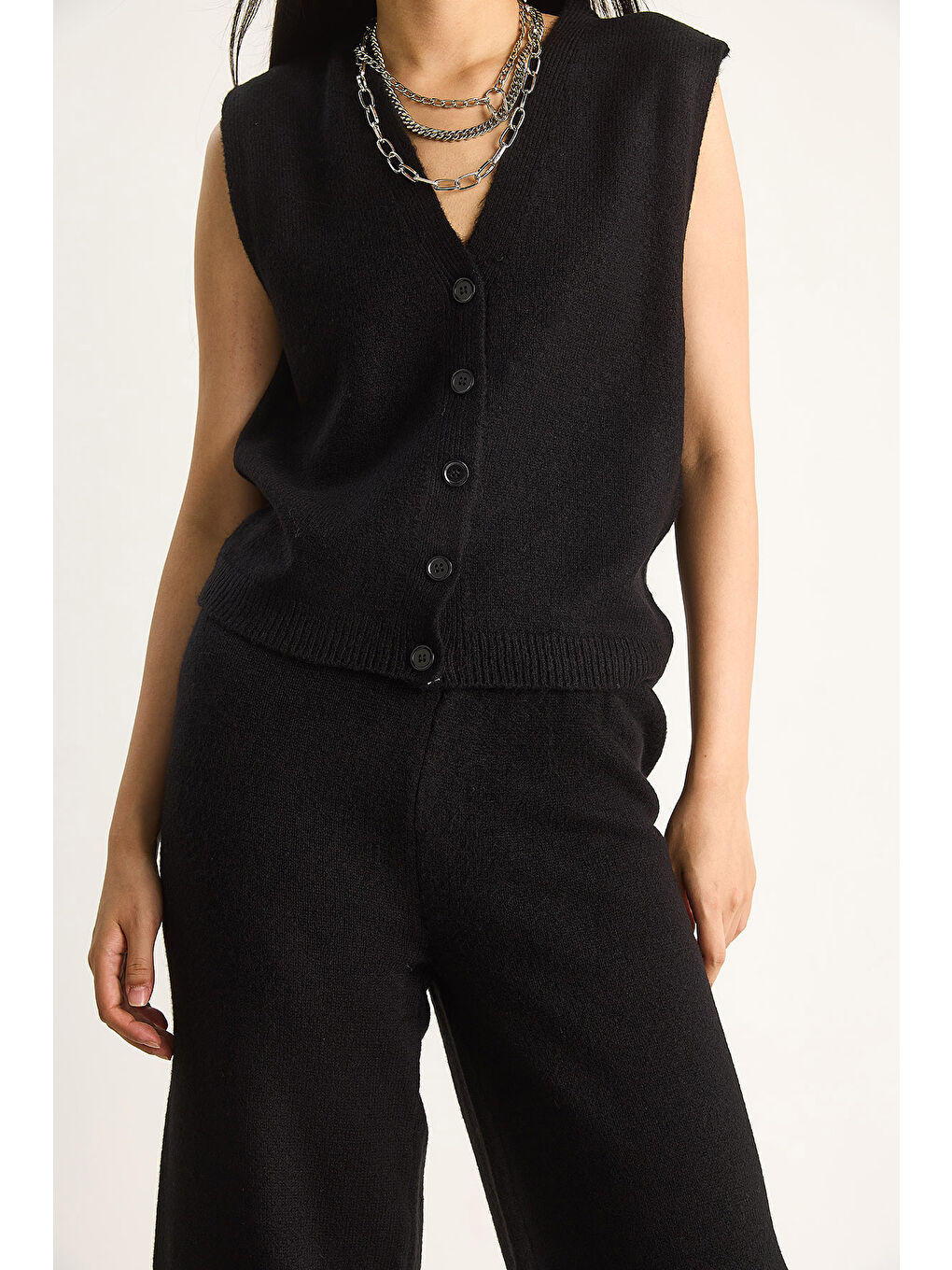 Siyah Kadın Yüksek Bel Pantolon Yelek Hırka Üçlü Triko Takım-5