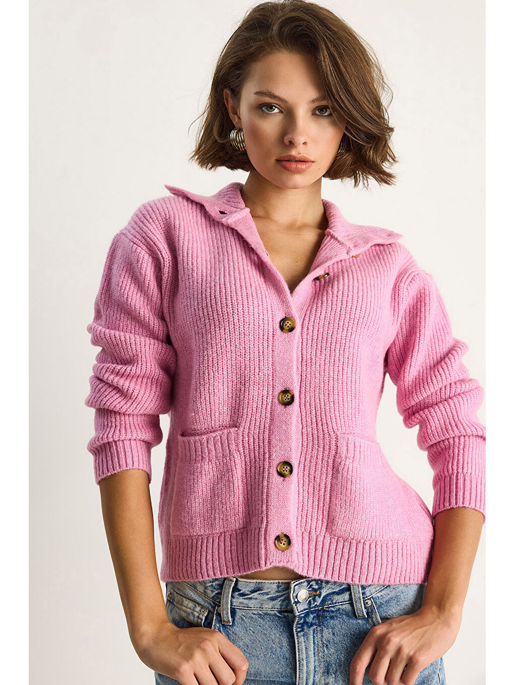 Pembe Kadın Selanik Örgü Cepli Triko Hırka