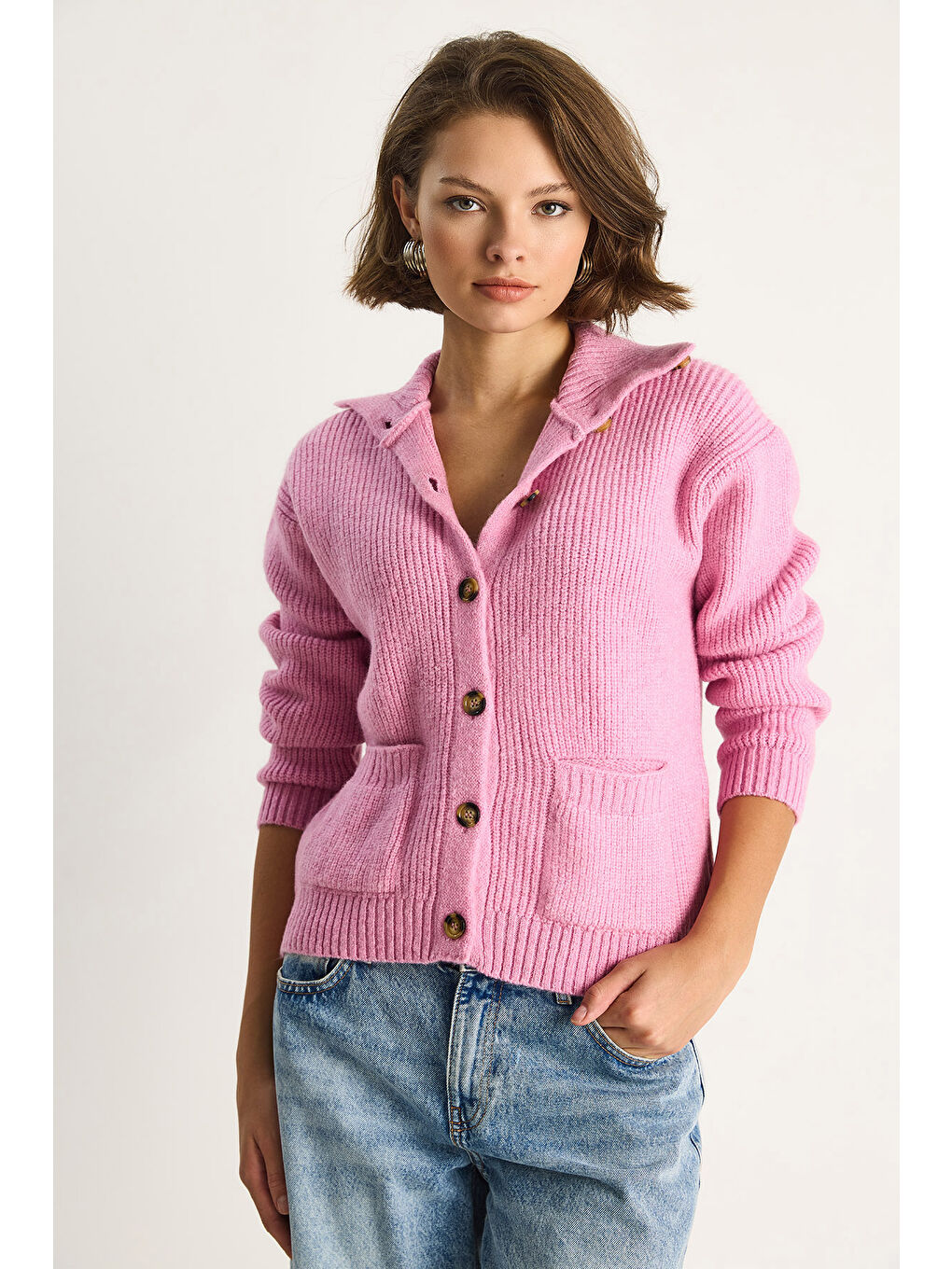 Pembe Kadın Selanik Örgü Cepli Triko Hırka-1