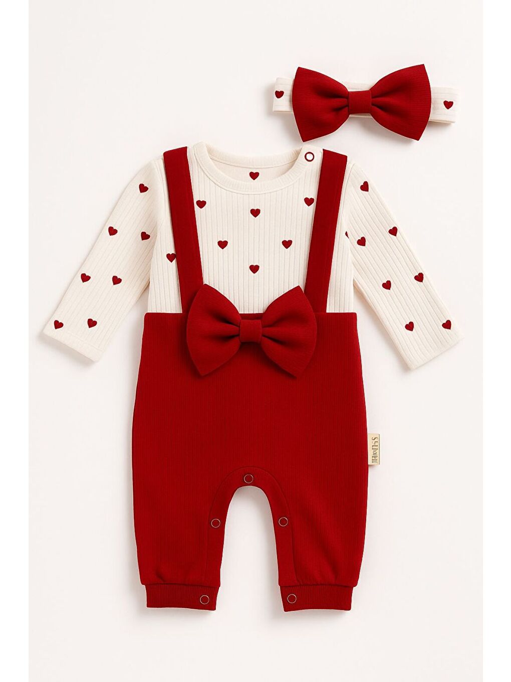 Beyaz Fiyonklu Kalpli Bereli Kız Bebek Tulum-2