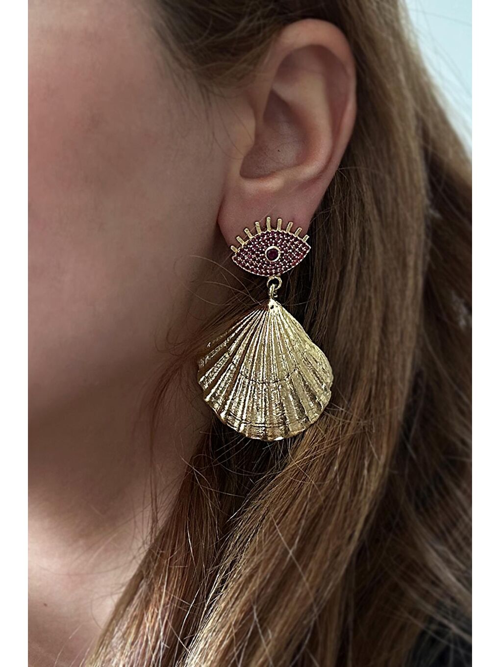 Sarı Artisan İstiridye Sallantılı 18 K Altın Kaplama Küpe-1