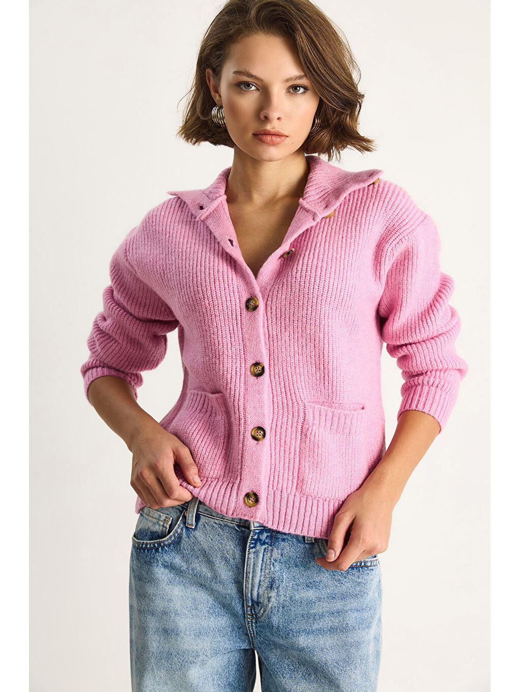 Pembe Kadın Selanik Örgü Cepli Triko Hırka-2