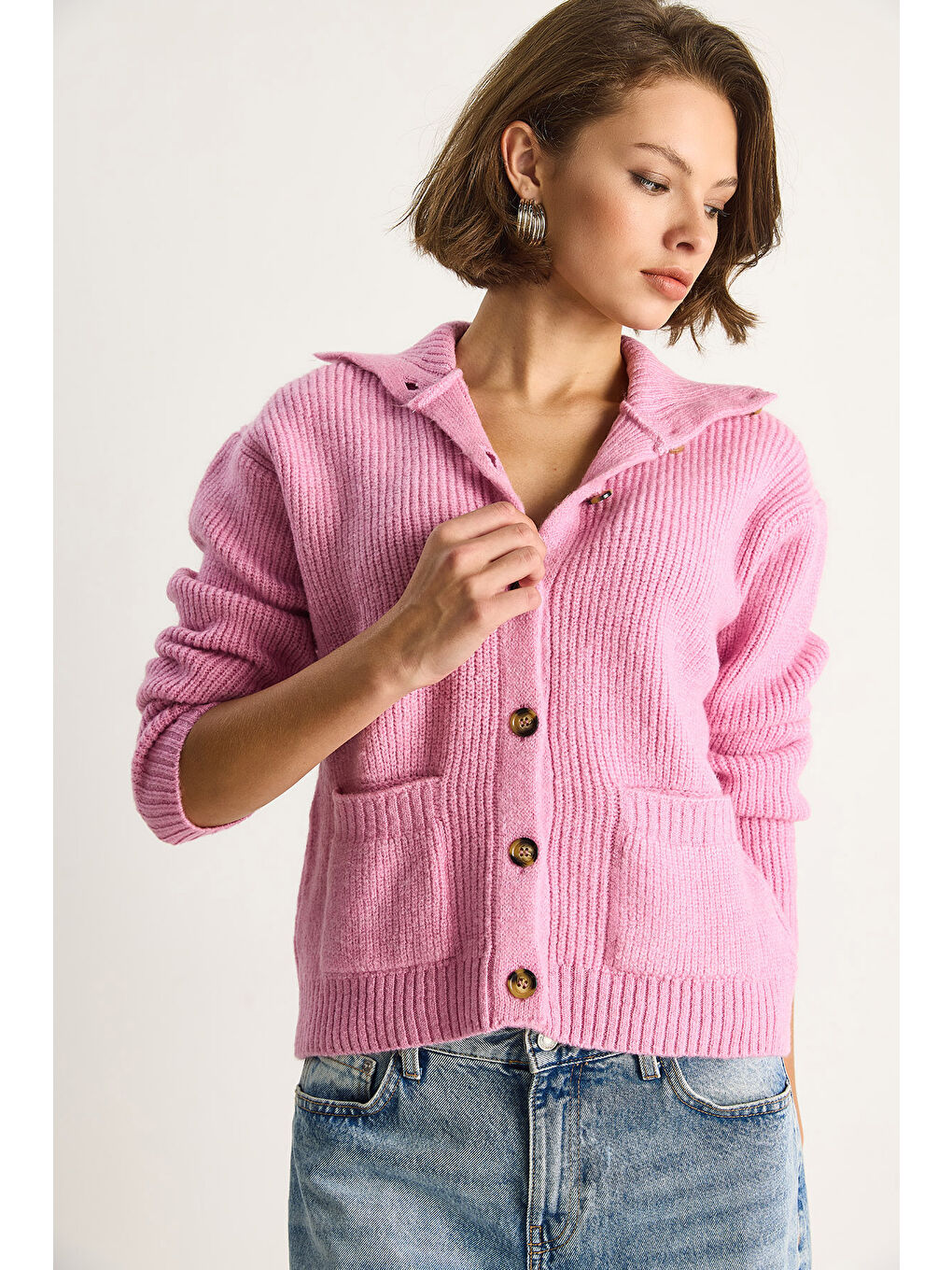 Pembe Kadın Selanik Örgü Cepli Triko Hırka-3