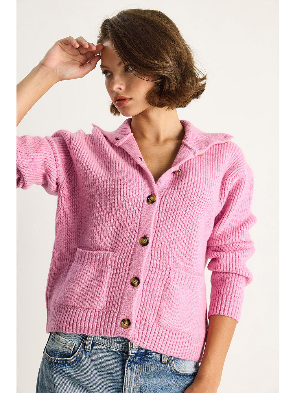 Pembe Kadın Selanik Örgü Cepli Triko Hırka-4