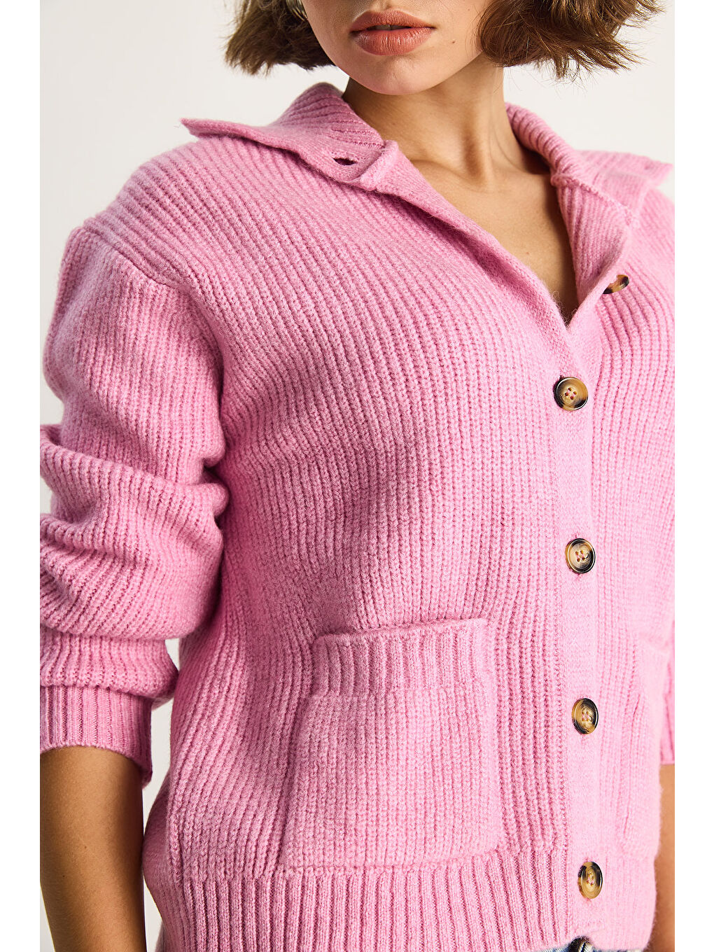 Pembe Kadın Selanik Örgü Cepli Triko Hırka-5