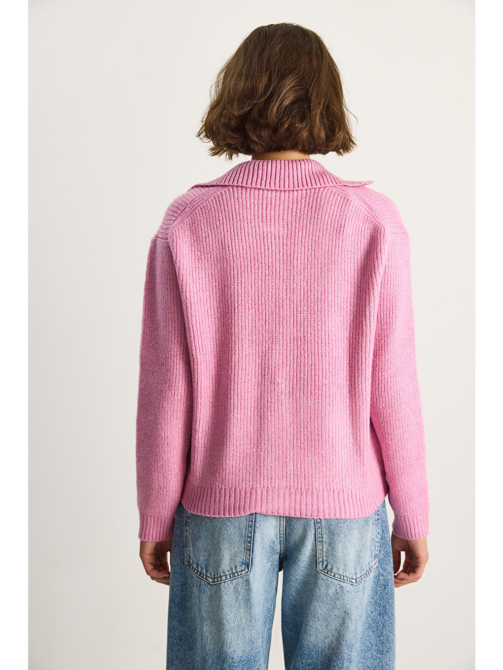 Pembe Kadın Selanik Örgü Cepli Triko Hırka-6