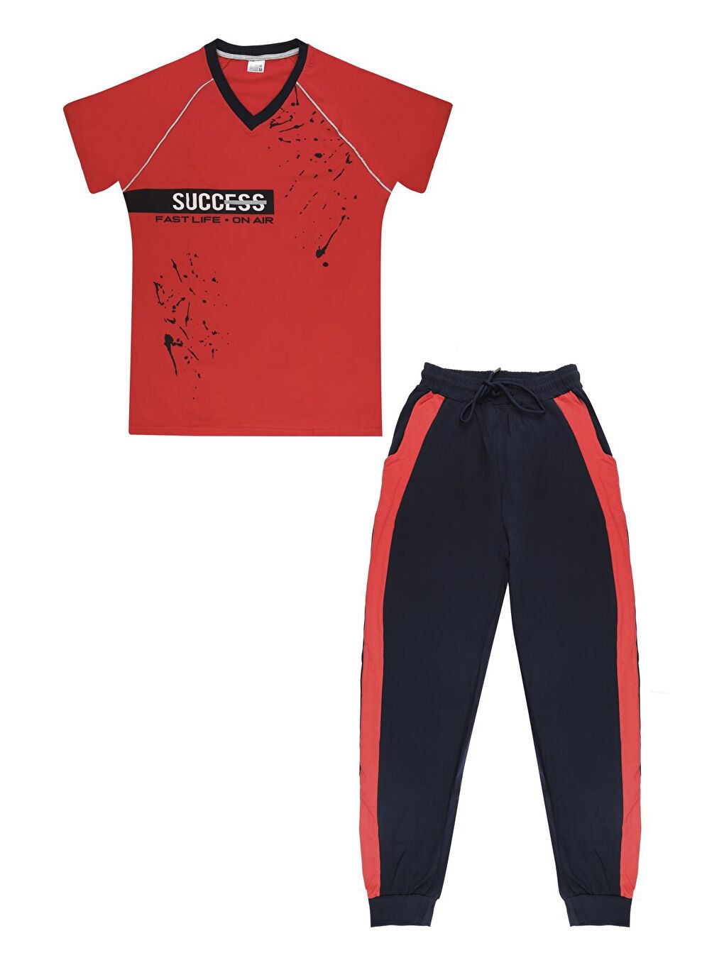 Kırmızı Erkek Pijama Takımı Kısa Kollu Cepli Pamuk-1