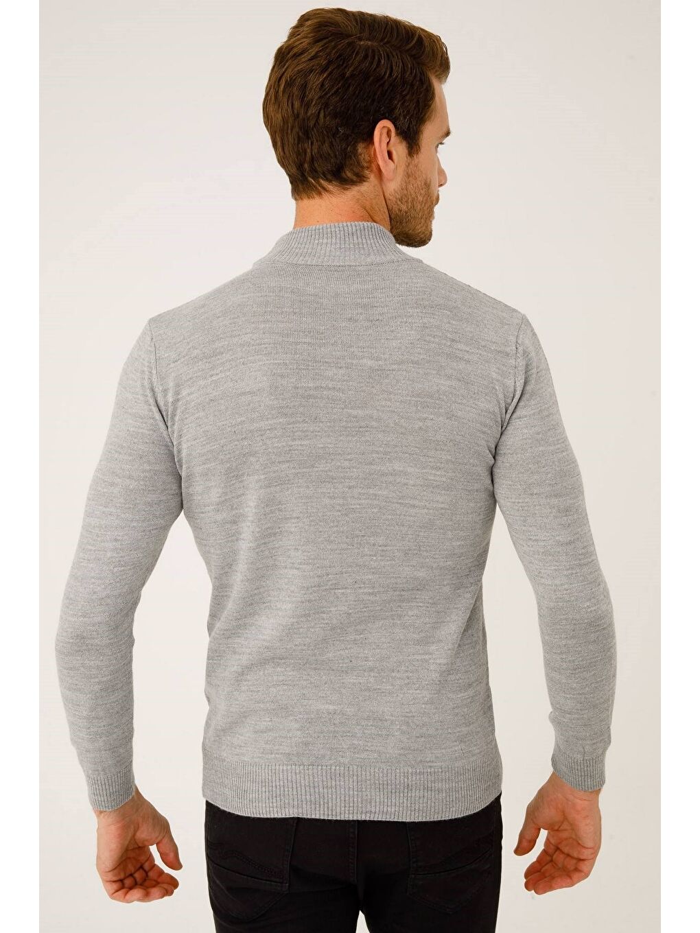 Açık Gri Dar Kalıp Tam Balıkçı Düz Uzun Kollu Triko-2