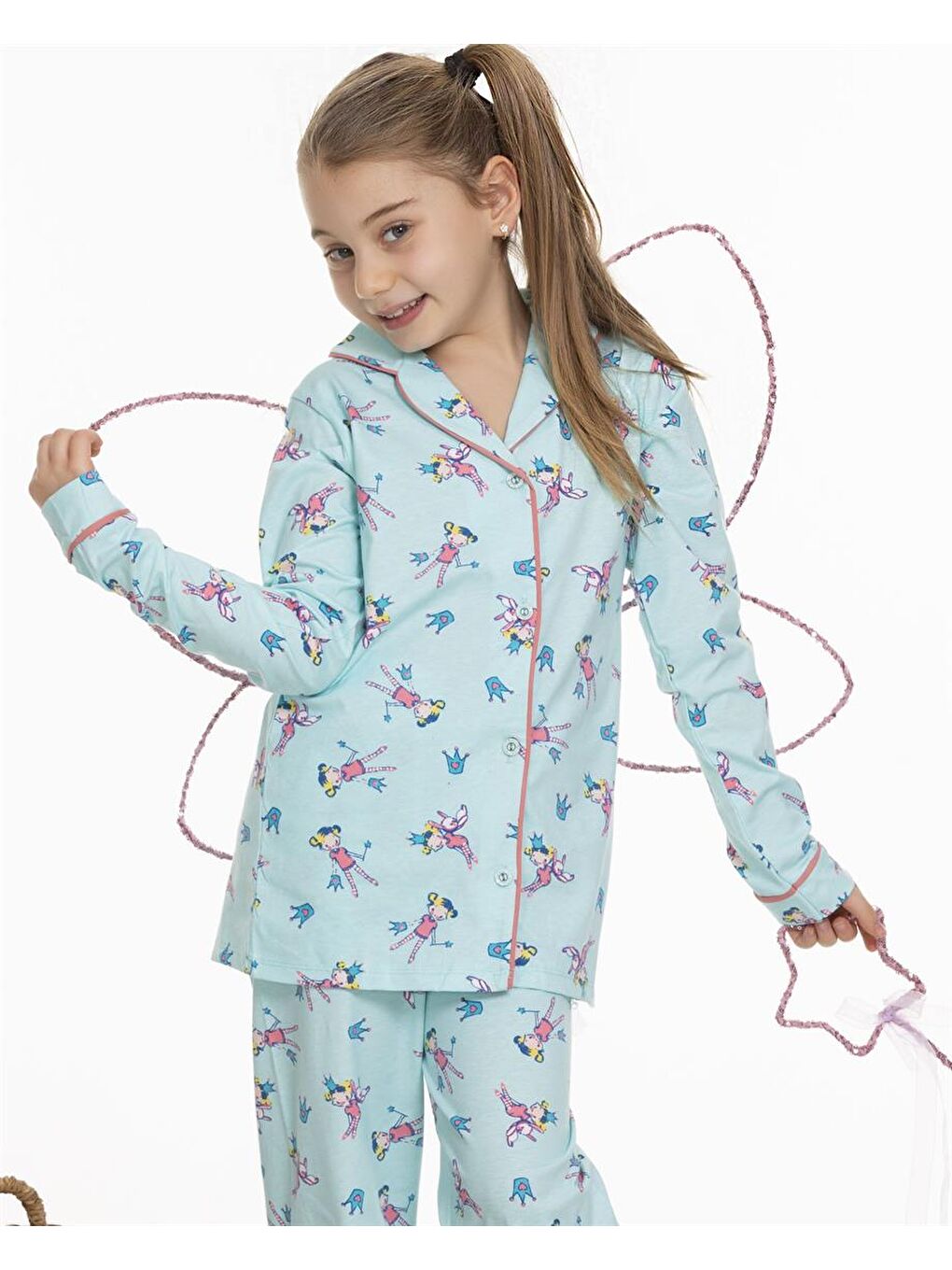Turkuaz Kız Düğmeli Pijama Takımı Prenses Peri Model Uzun Kolu