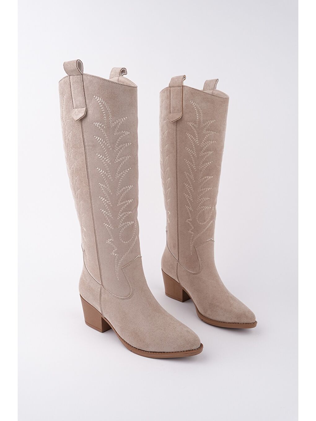 Bej TEXAS Sivri Burun Nakışlı Kalın Topuklu Kadın Kovboy Western Çizme