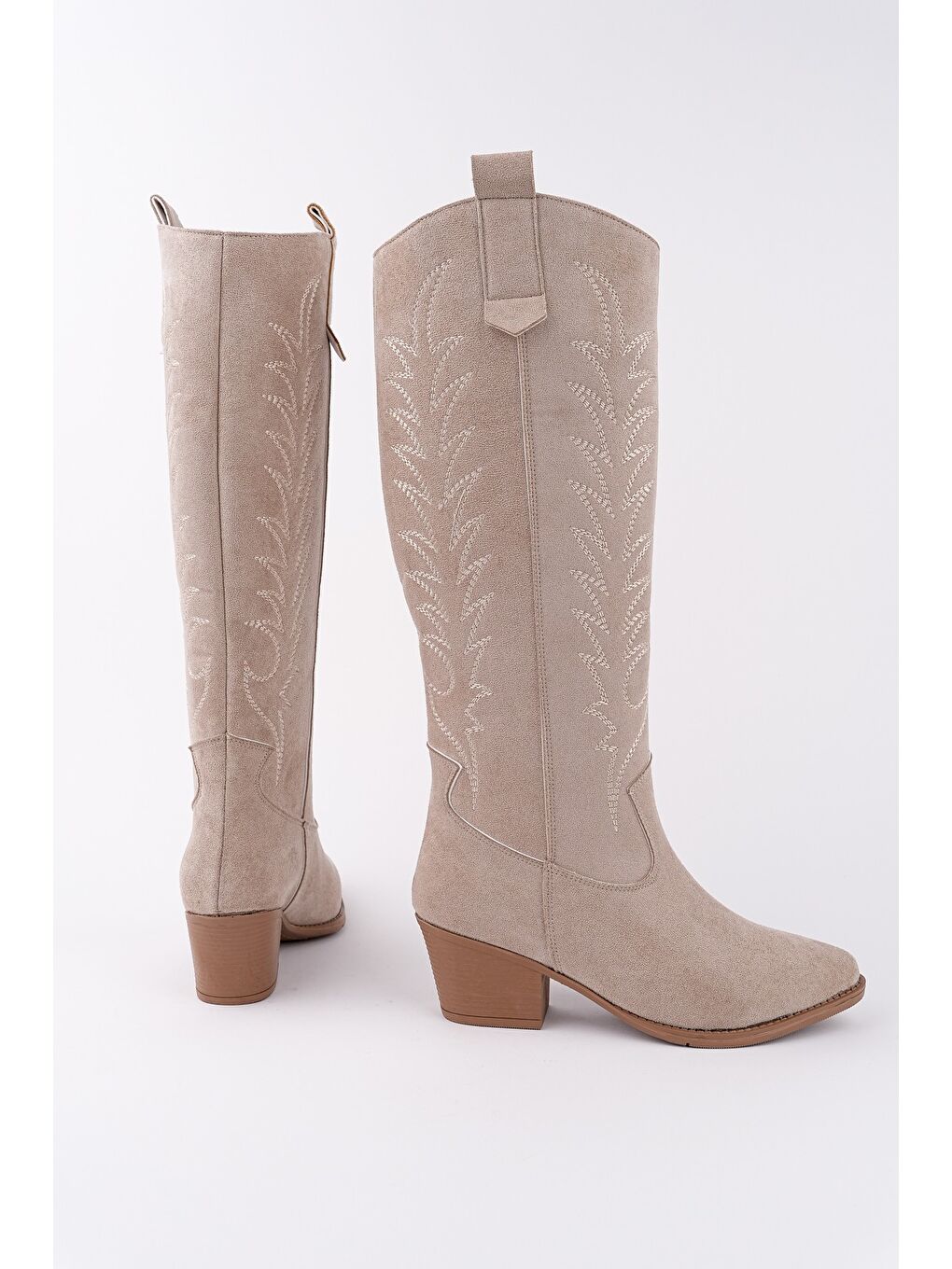 Bej TEXAS Sivri Burun Nakışlı Kalın Topuklu Kadın Kovboy Western Çizme-1
