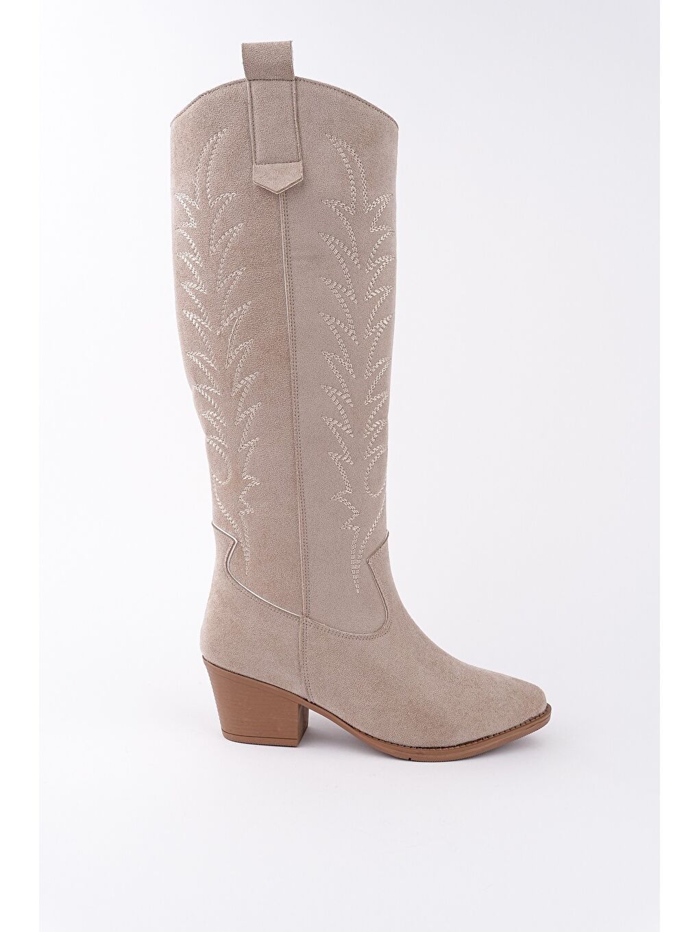 Bej TEXAS Sivri Burun Nakışlı Kalın Topuklu Kadın Kovboy Western Çizme-2