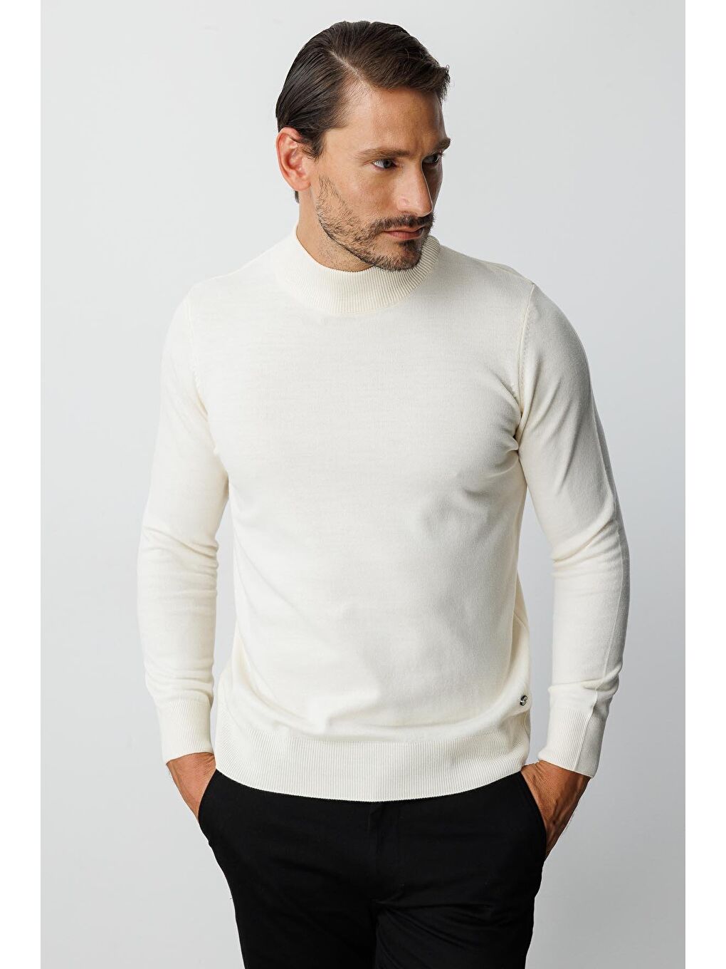 Ekru Kemik Dar Kalıp Yarım Balıkçı Düz Uzun Kollu Triko-4