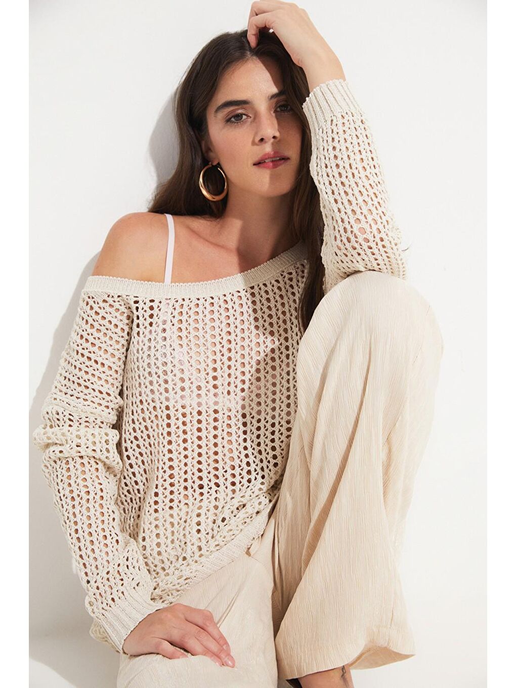 Ekru Kadın Pamuk File Detaylı Kayık Yaka Bluz-2