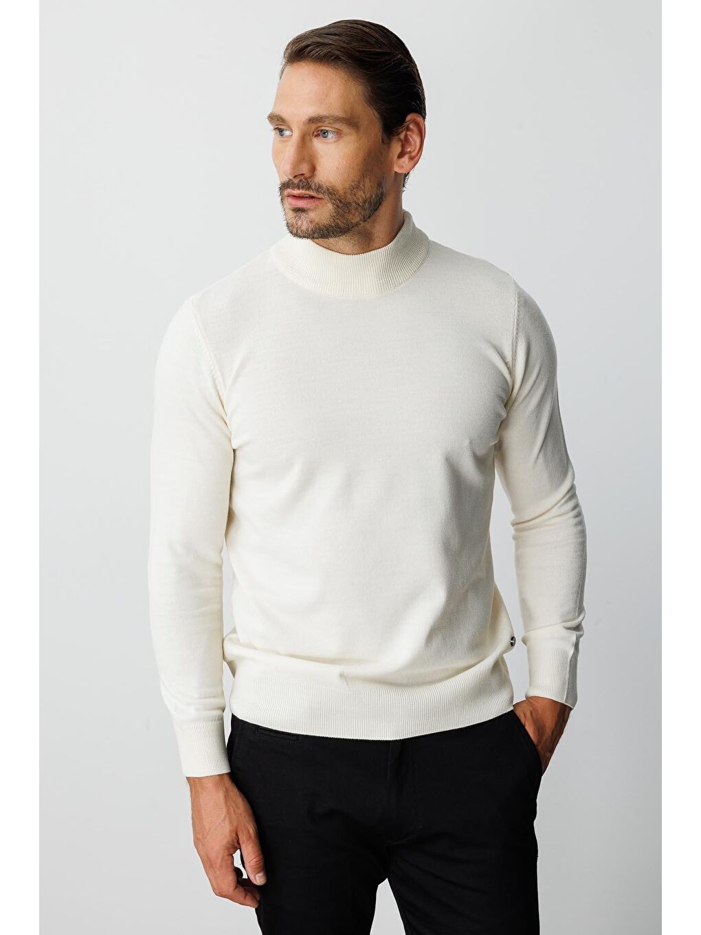 Ekru Kemik Dar Kalıp Yarım Balıkçı Düz Uzun Kollu Triko-5